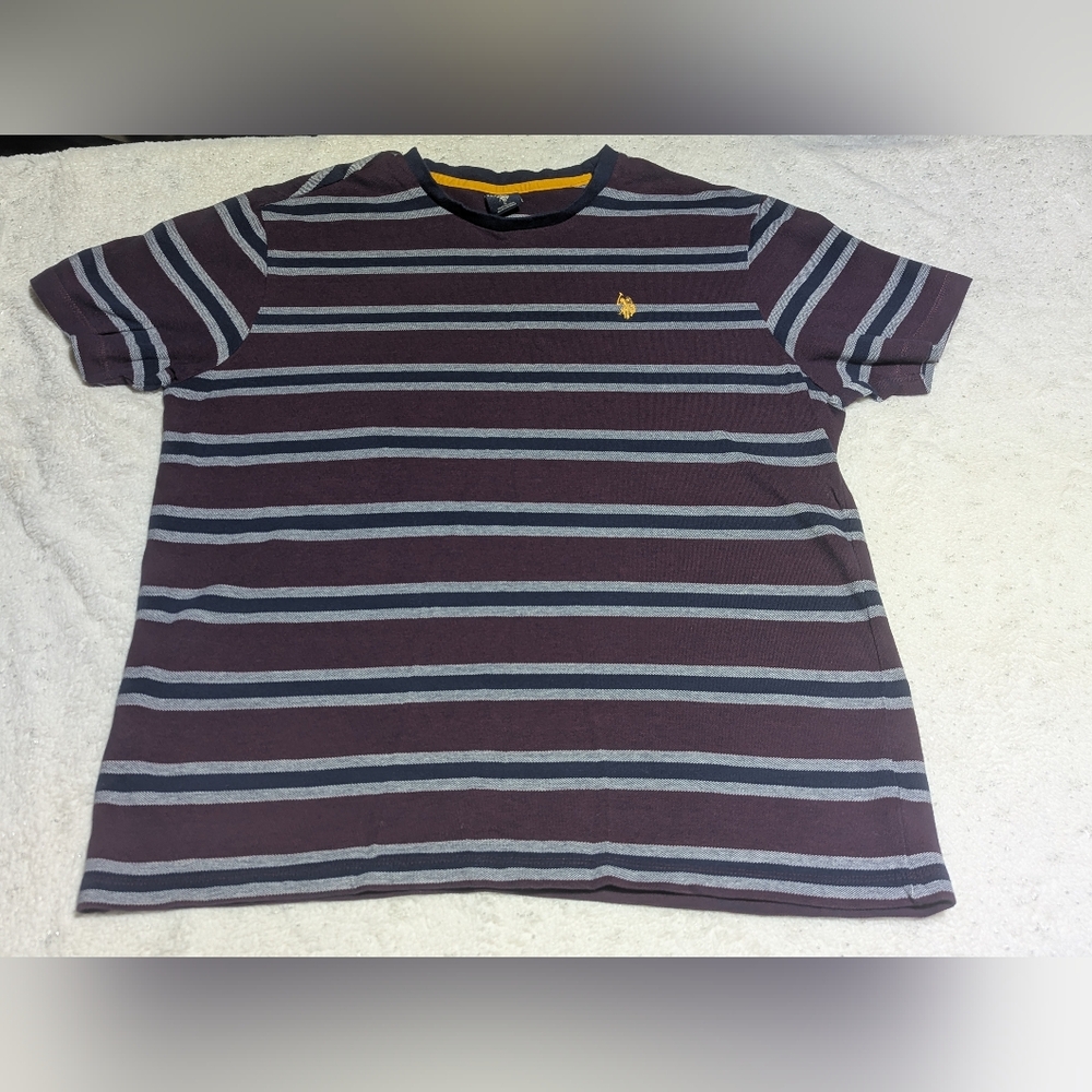 U.S. Polo Assn Mens Large Striped T Shirt Burgundy Navy Short Sleeve Logo